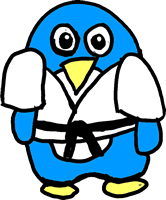 A cute little blue penguin wearing a karate uniform and a black belt